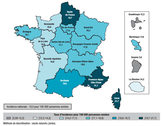 Cartographie du taux d’incidence du diabète de type 1 en France chez les enfants, 2013-2015